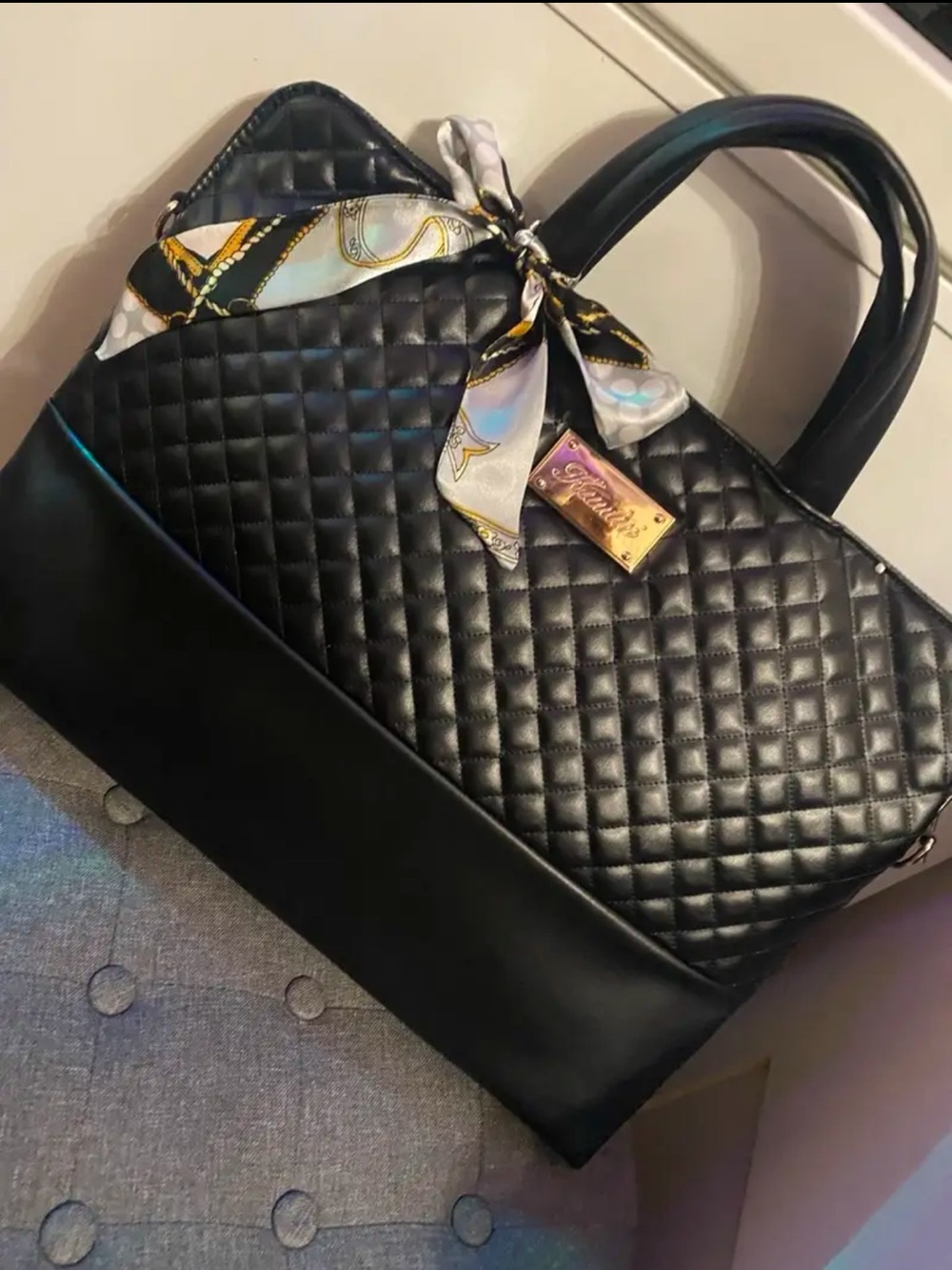 Quilted Black Women’s Laptop Tote with Scarf Accent